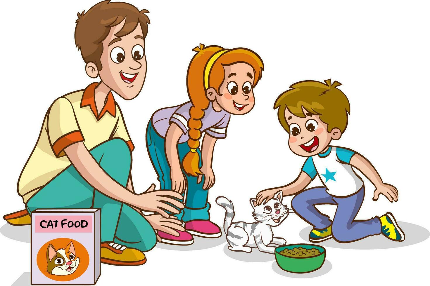 schattig familie voeden schattig katten vector.kinderen en hun ouders wie voeden verdwaald dieren vector