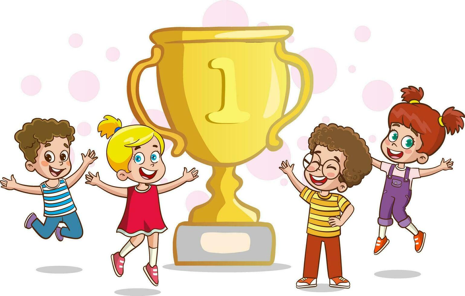 gelukkig schattig kind jongen winnen spel goud trofee vector