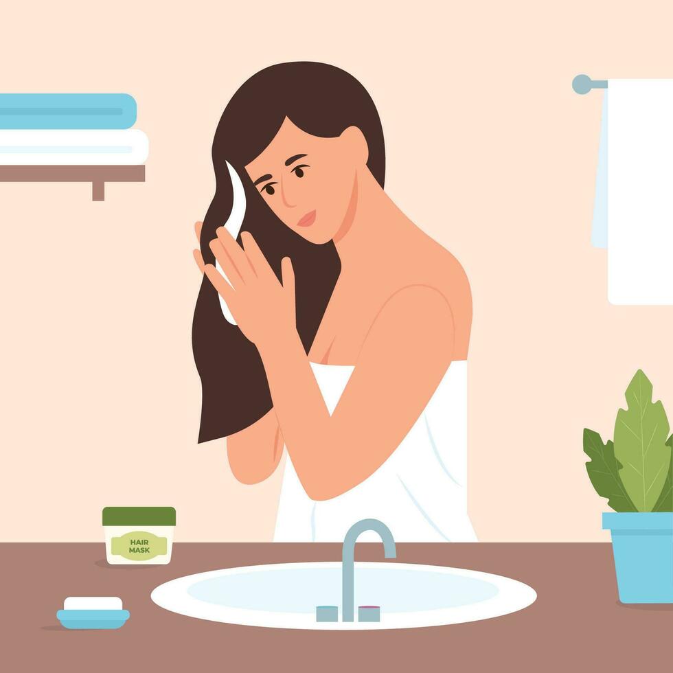 jong meisje toepassen haar- masker in badkamer. vrouw nemen zorg over haar haar, aan het doen huis spa procedure. haar- behandeling.vector illustratie vector