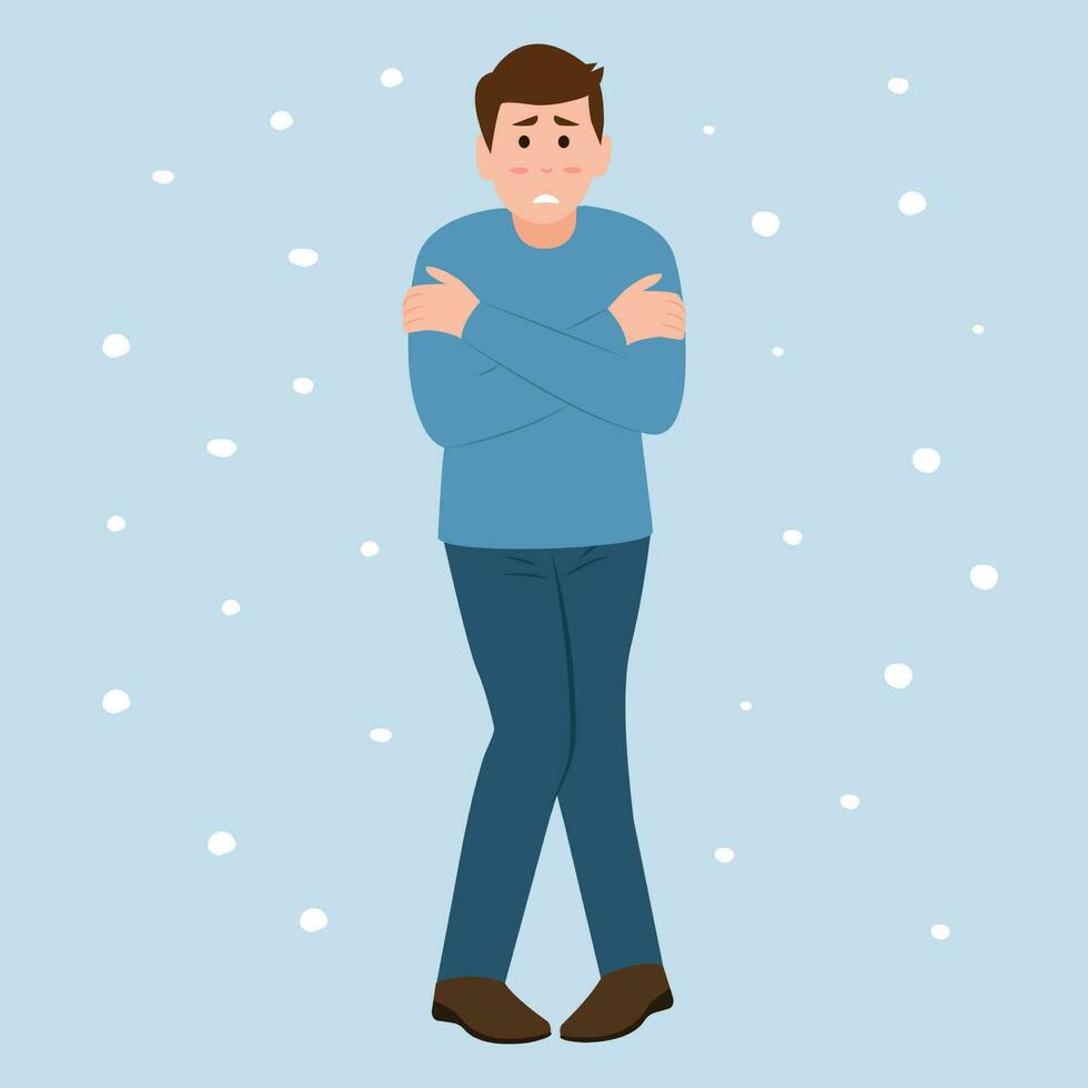 Mens rillingen in chillen verkoudheid winter seizoen het weer. winter seizoen.koud het weer, bevriezen. vector illustratie