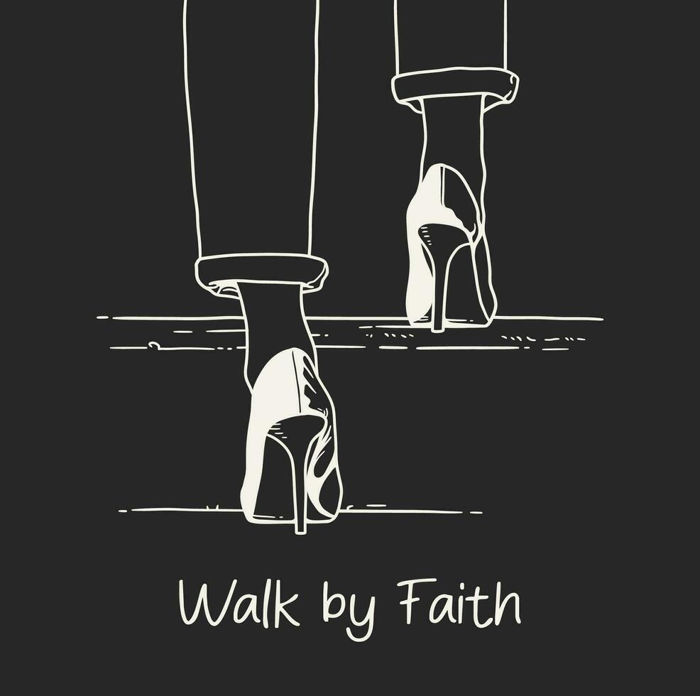 wandelen door geloof inspirerend citaat, met vrouw wandelen omhoog de trap in hoog hakken Aan zwart achtergrond vector