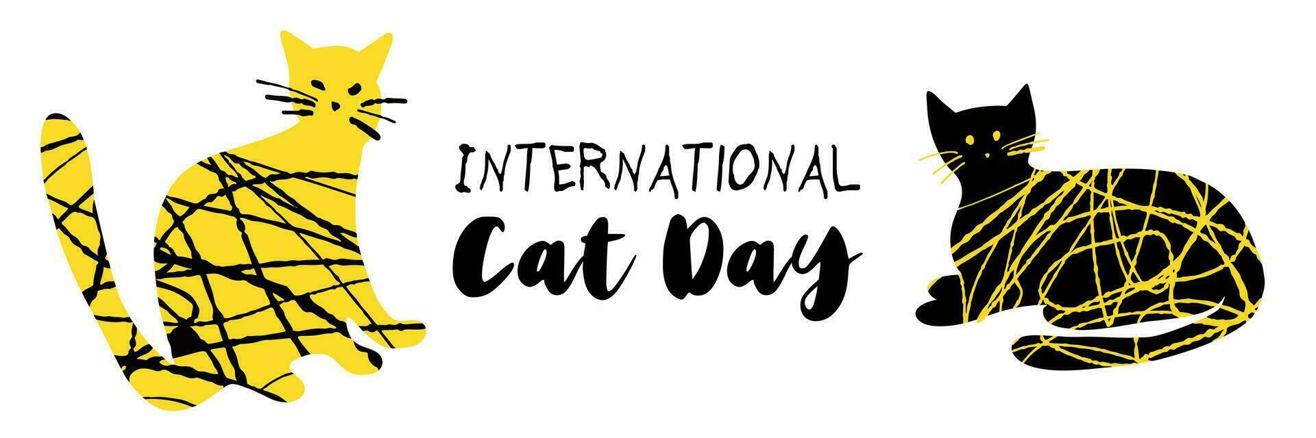 Internationale kat dag illustratie met getextureerde schattig katten in zwart geel kleur vector