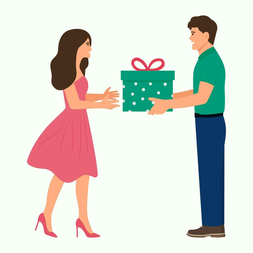 jong Mens geven cadeaus naar zijn vriendin of vriend. glimlachen vent presenteert doos verrassing. concept voor verjaardag, Valentijnsdag dag of vakantie. vlak vector illustratie.
