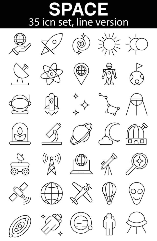 ruimte icoon set. met satelliet, universum, astronaut, raket, komeet, telescoop en planeet pictogrammen. solide icoon verzameling. vector