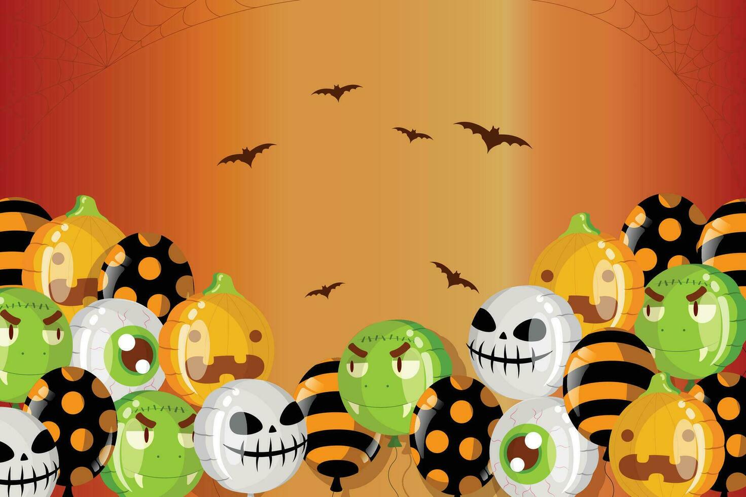 achtergrond voor halloween met halloween spook ballonnen en pompoen.enge lucht ballonnen, vleermuis, snoep en halloween elementen op gele background.website spooky, achtergrond of banner halloween sjabloon vector