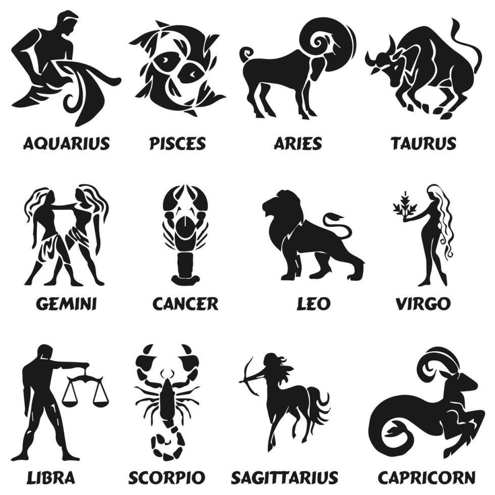 dierenriem tekens horoscoop pictogrammen reeks geïsoleerd astrologisch afbeeldingen in gemakkelijk zwart en wit stijl. vector