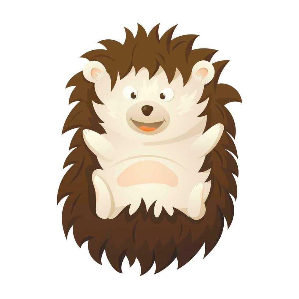 vector illustratie van een schattig tekenfilm glimlachen egel met naalden aan het liegen Aan zijn rug. vrolijk kind Woud dier karakter.
