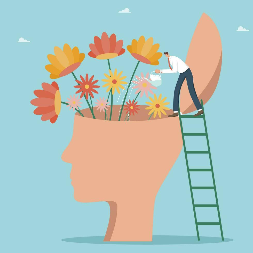 mentaal Gezondheid. gezond mentaliteit. houden balans tussen werk en persoonlijk leven. langzaam naar beneden en nemen zorg van uw Gezondheid. kijken voor inspiratie of motivatie naar bereiken doelen. Mens gieter bloemen in hoofd vector