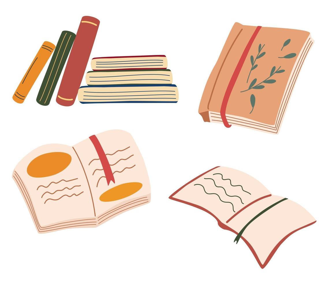 collectie met boeken. stapels boeken, open boeken, notitieboekjes. hou van lezen motivatie. bibliotheek, studieconcept. symbolen van het onderwijs. gezellige en comfortabele levensstijl. leesconcept. vector