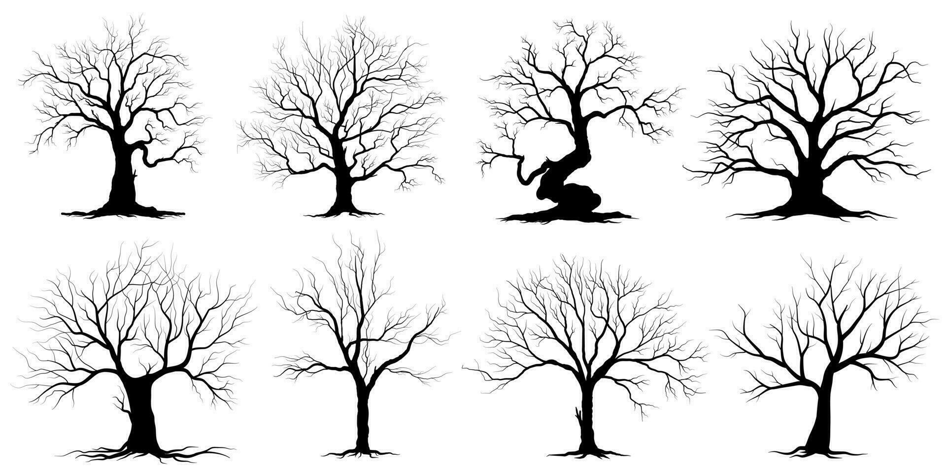 groot verzameling zwart boom of naakt bomen silhouetten vector. hand- getrokken geïsoleerd illustraties. vector