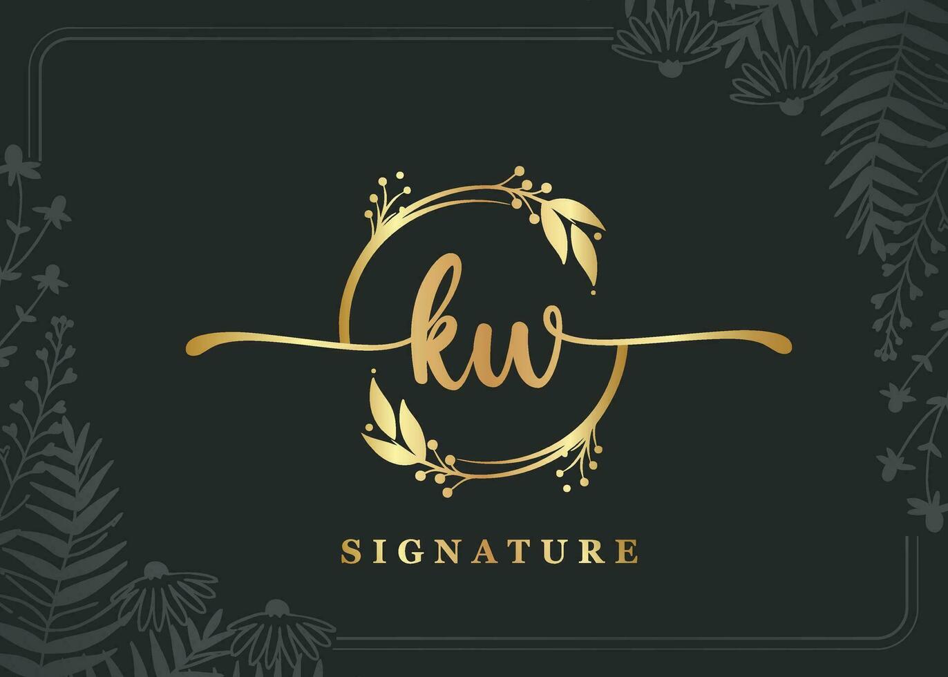 luxe goud handtekening eerste kw logo ontwerp geïsoleerd blad en bloem vector