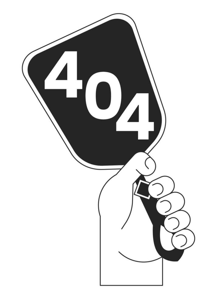 hand- Holding wijnoogst spiegel zwart wit fout 404 flash bericht. donker spiegel hand. monochroom leeg staat ui ontwerp. bladzijde niet gevonden pop-up tekenfilm afbeelding. vector vlak schets illustratie concept