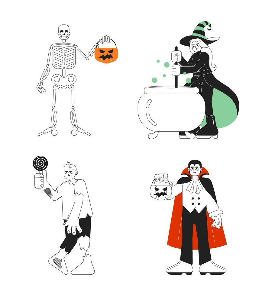 halloween kostuum ideeën monochroom concept vector plek illustratie set. monsters Aan partij 2d vlak bw tekenfilm tekens voor web ui ontwerp. truc traktatie geïsoleerd bewerkbare hand- getrokken held beeld pak