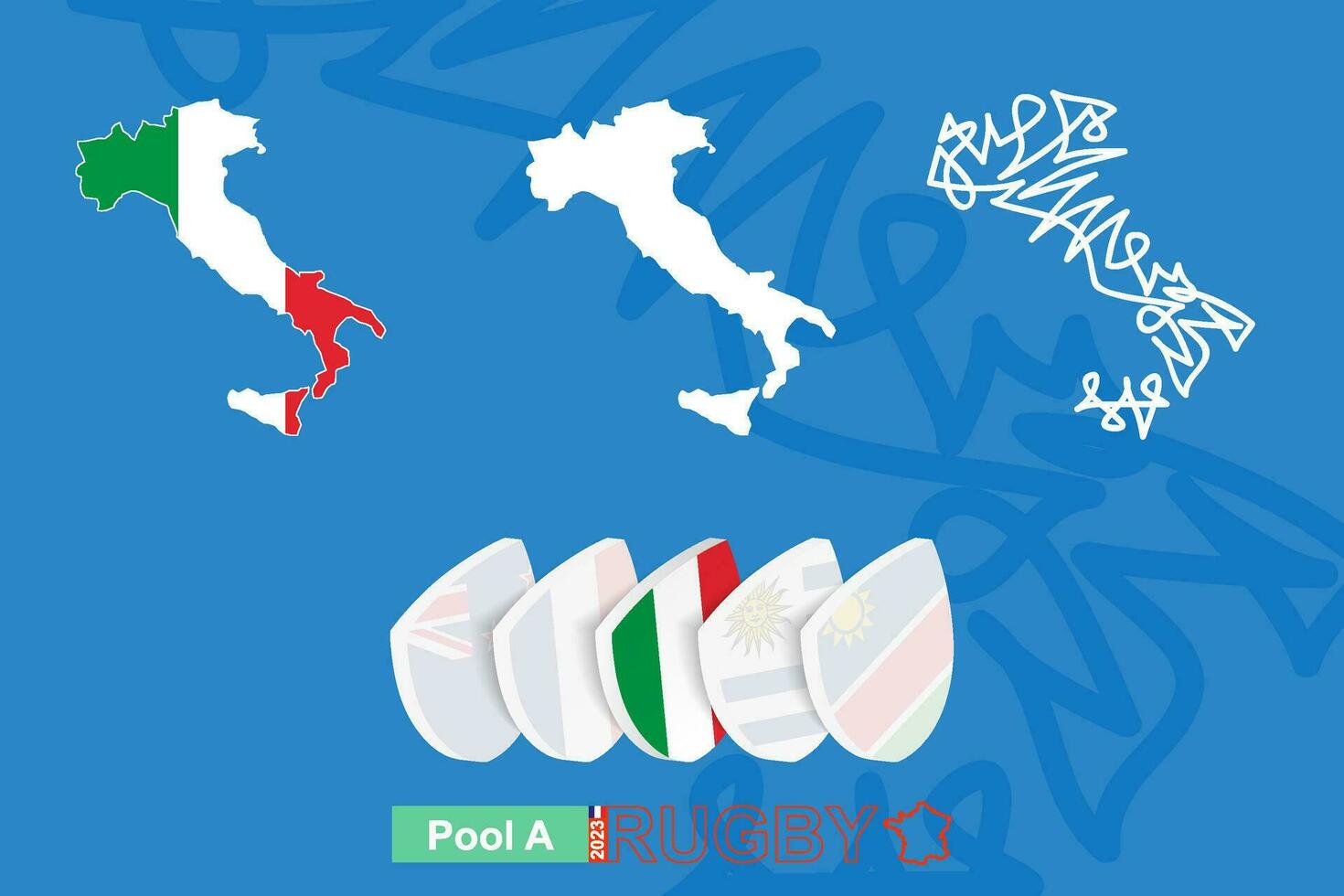 kaarten van Italië in drie versies voor rugby Internationale kampioenschap. vector