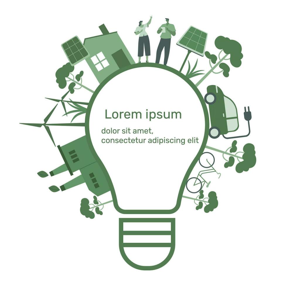 eco vriendelijk duurzaam, licht lamp met groen eco energie en klimaat verandering probleem concepten. vector ontwerp illustratie.