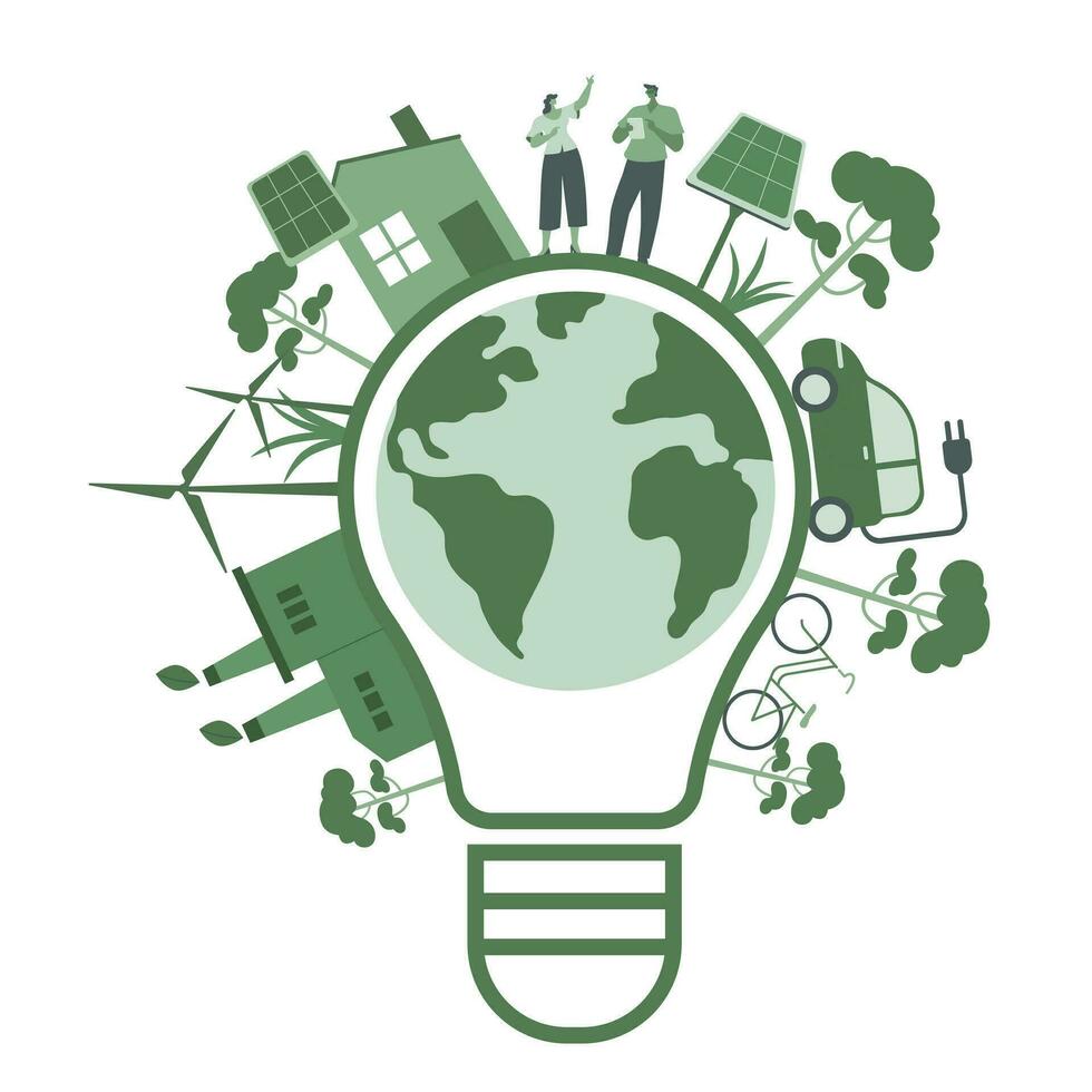 eco vriendelijk duurzaam, licht lamp en wereldbol met groen eco energie en klimaat verandering probleem concepten. vector ontwerp illustratie.