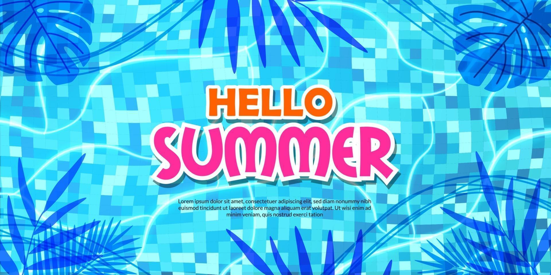 hallo zomer banner poster zwembad illustratie plat lag ontspannen tropische bladeren schaduw vector