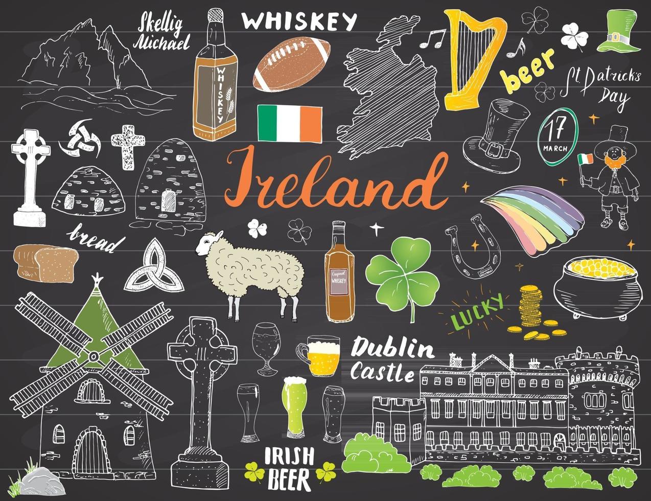 ierland schets doodles. hand getrokken Ierse elementen instellen met vlag en kaart van Ierland, Keltisch kruis, kasteel, klaver, Keltische harp, molen en schapen, whiskyflessen en Iers bier, vectorillustratie vector