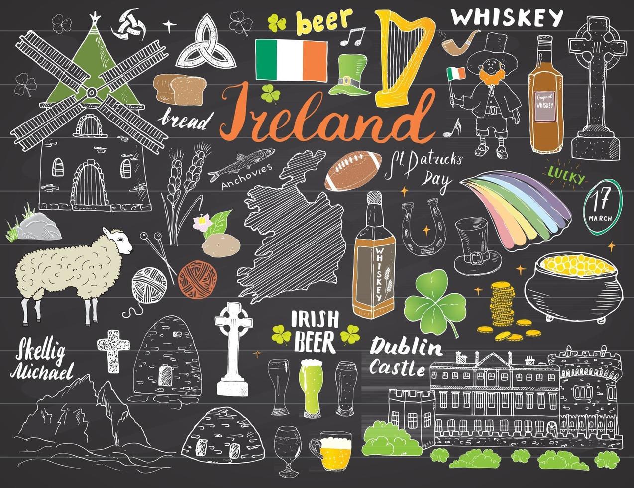 ierland schets doodles. hand getrokken Ierse elementen instellen met vlag en kaart van Ierland, Keltisch kruis, kasteel, klaver, Keltische harp, molen en schapen, whiskyflessen en Iers bier, vectorillustratie vector