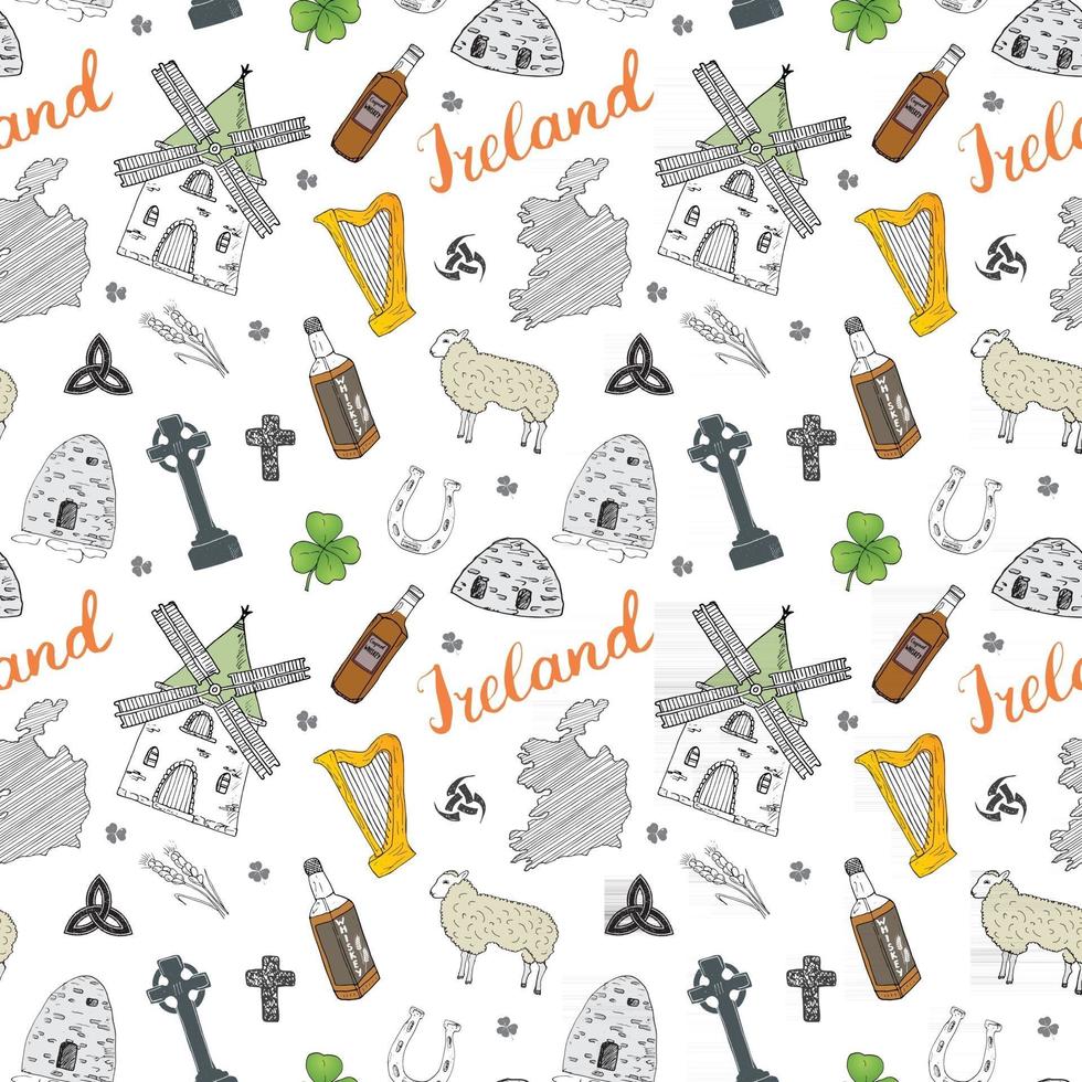 Ierland schets doodles naadloze patroon. Ierse elementen met vlag en kaart van Ierland, Keltisch kruis, kasteel, klaver, Keltische harp, molen en schapen, whiskyflessen en Iers bier, vectorillustratie vector