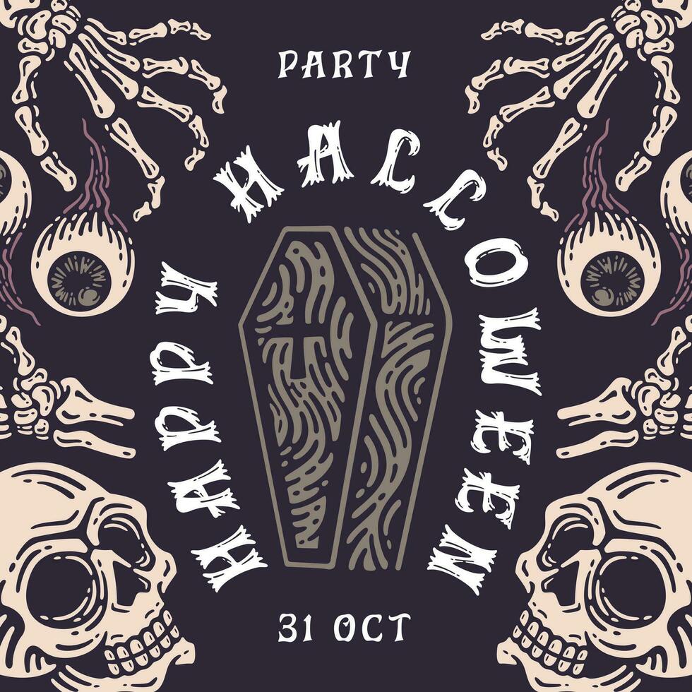 halloween sociaal media uitnodiging in stijl tekening vintage, sociaal media voeden met schedel, bot, en lijkkist element vector