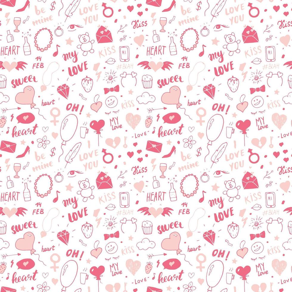 liefde en valentijn dag naadloze patroon vectorillustratie. hand getrokken getekende doodle romantische symbolen achtergrond vector