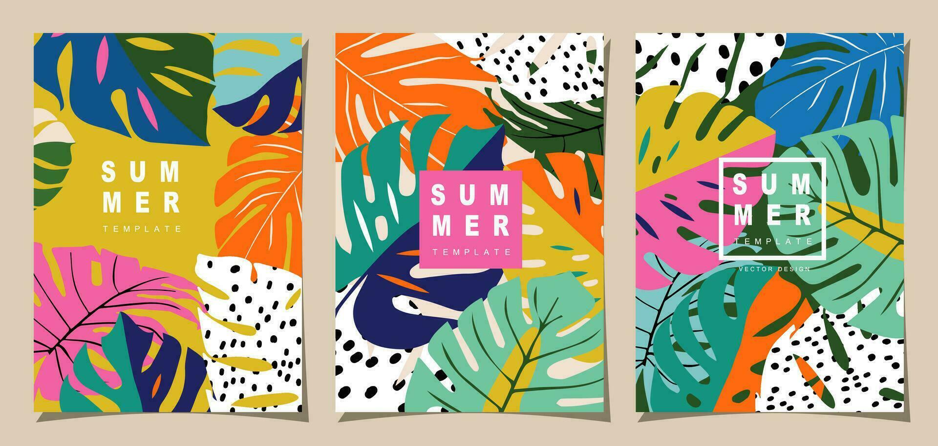 zomer sjabloon reeks voor poster, kaart, omslag, label, banier in modern minimalistische stijl en gemakkelijk zomer ontwerp Sjablonen met tropisch bladeren, bloem, en planten. vector