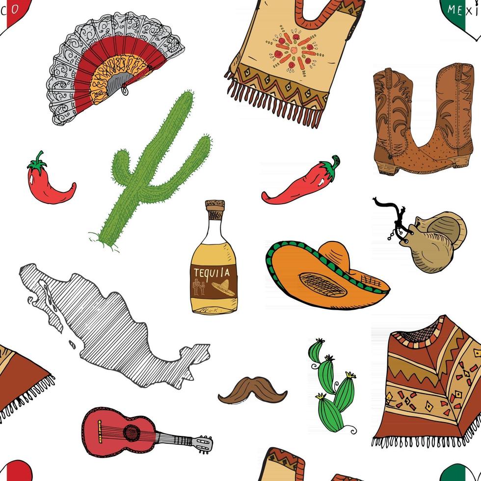 mexico naadloze patroon doodle elementen, hand getrokken schets Mexicaanse traditionele sombrero hoed, poncho, cactus en tequila fles, kaart van mexico, schedel, muziekinstrumenten. vector afbeelding achtergrond.