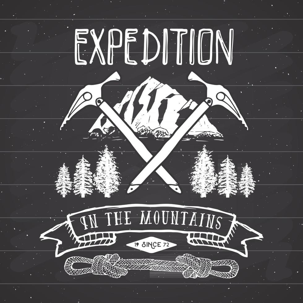 berg expeditie vintage label retro badge. hand getekend geweven embleem buiten wandelen avontuur en bergen verkennen, extreme sporten, grunge hipster ontwerp, typografie print vectorillustratie vector