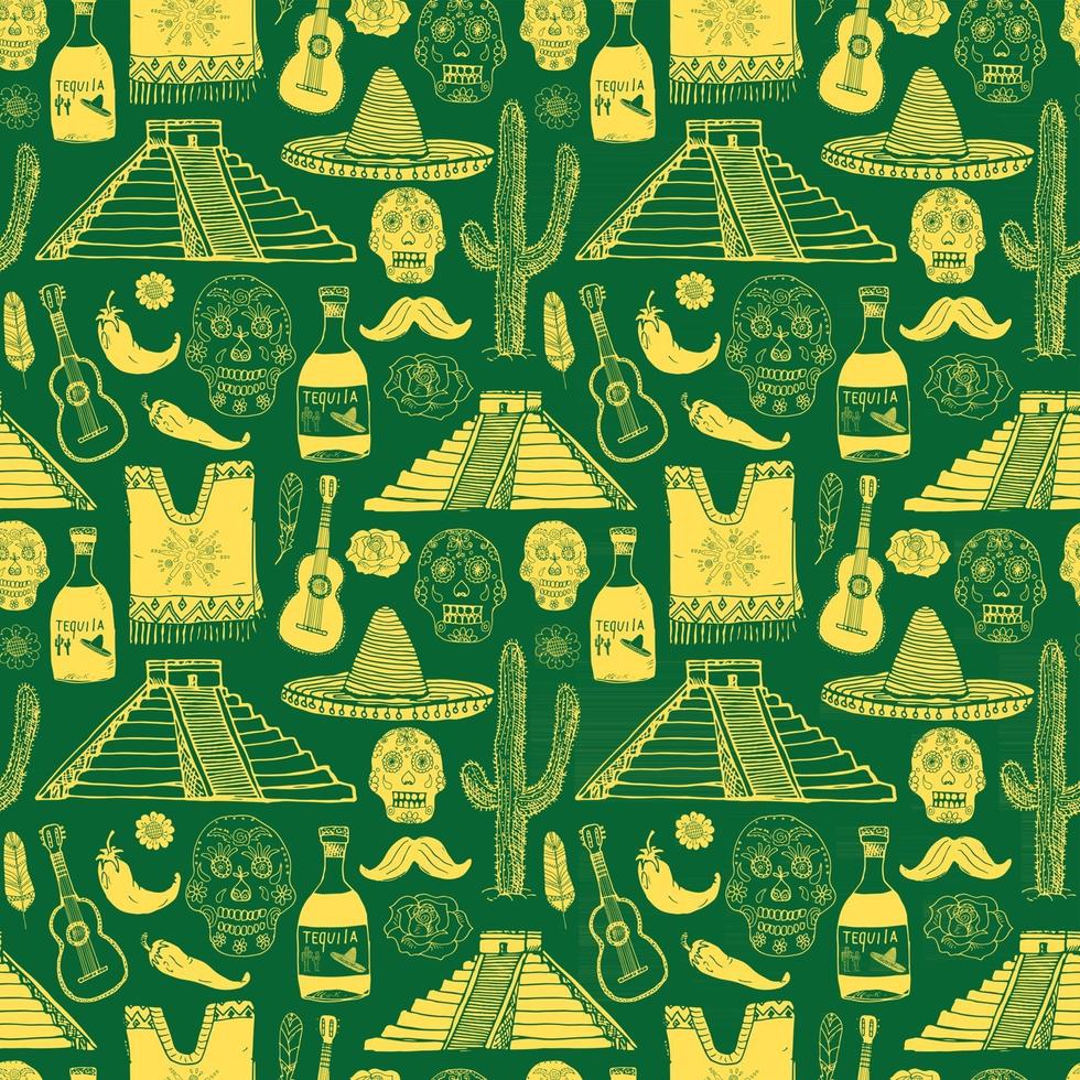 mexico naadloze patroon doodle elementen, hand getrokken schets Mexicaanse traditionele sombrero hoed, poncho, cactus en tequila fles, kaart van mexico, schedel, muziekinstrumenten. vector afbeelding achtergrond.
