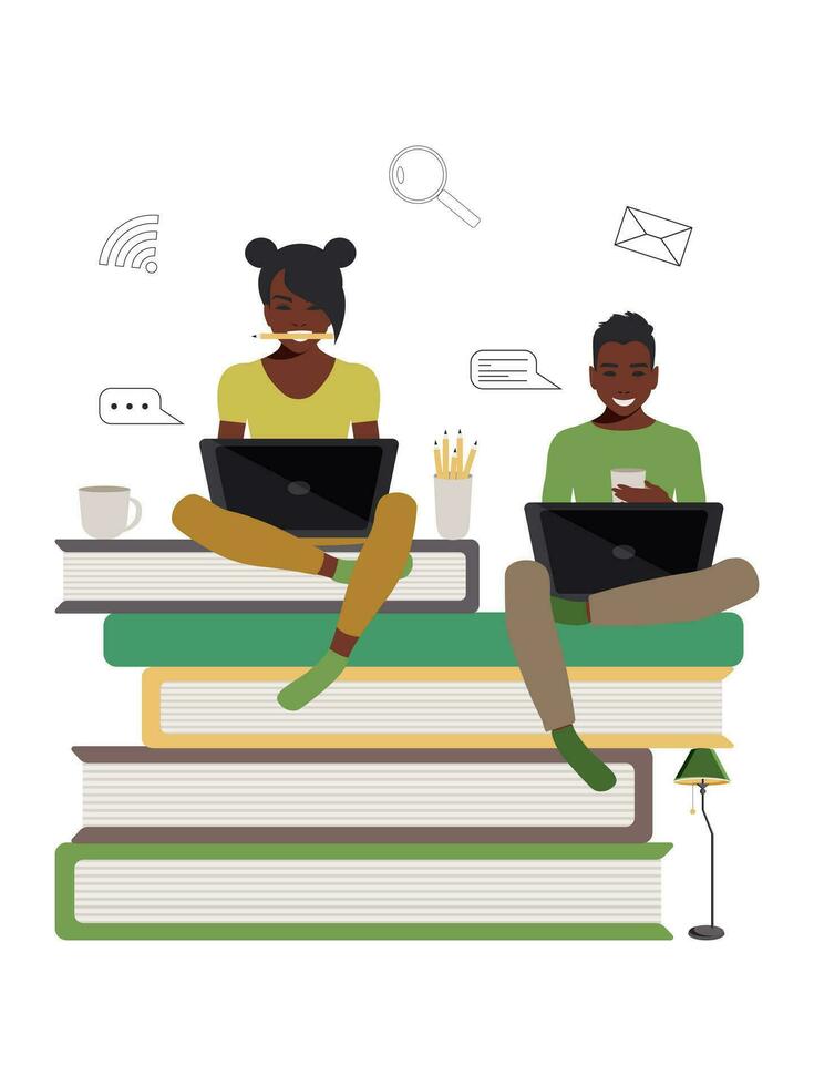 Afrikaanse Amerikaans vrolijk studenten vent en meisje zijn zittend met laptops Aan boeken. online onderwijs concept in vlak stijl. blijven Bij huis. vector. vector