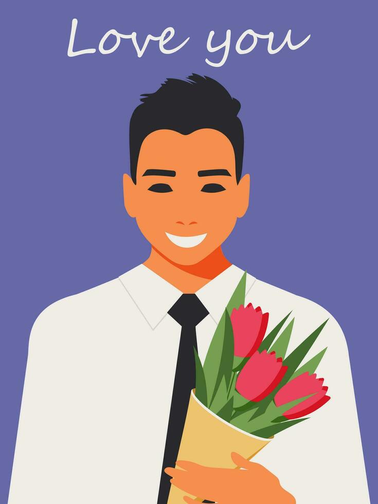 een mooi hoor heer in een wit overhemd en stropdas glimlacht en geeft een boeket van roze tulpen. een jong elegant vent bekent zijn liefde Aan Valentijnsdag dag. vlak stijl ontwerp Aan Purper achtergrond. vector. vector