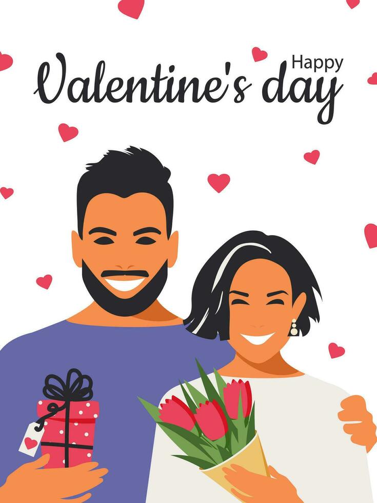 gelukkig Valentijnsdag kaart. een Mens geeft een boeket van roze tulpen, een vrouw overhandigd een verrassing in een doos. feestelijk modern romantisch verticaal poster. ontwerp in een vlak stijl Aan een wit achtergrond. vector. vector