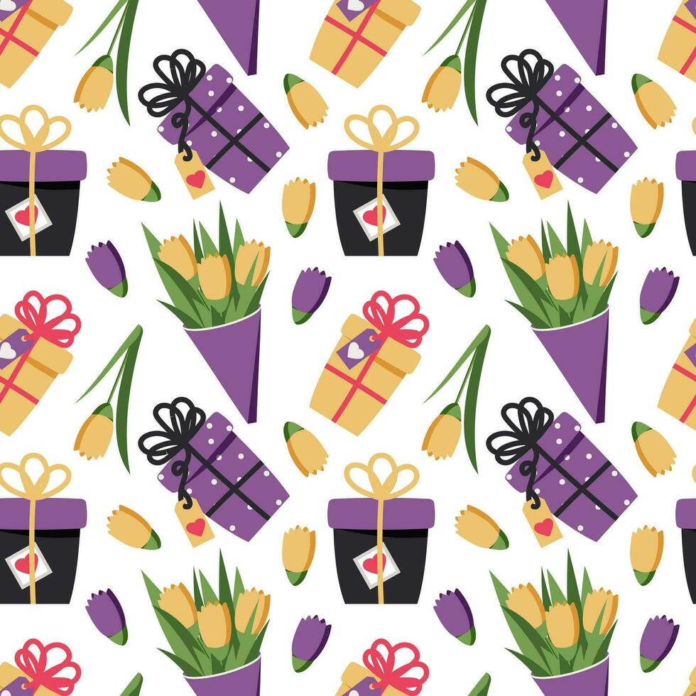 geel en Purper tulpen en geassorteerd geschenk dozen. naadloos patroon voor modern stoffen en omhulsel papier feestelijk veren. vector. vector