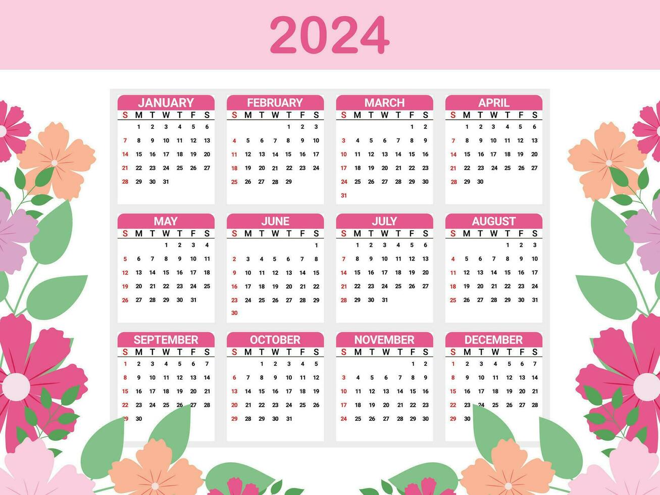 kalender 2024 Aan bloemen achtergrond vector