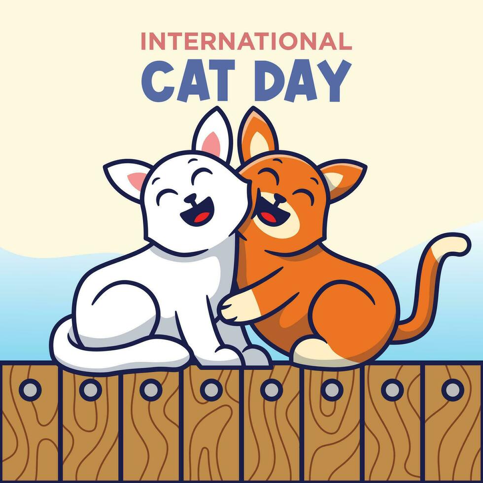 Internationale kat dag vector tekenfilm illustratie. schattig kat knuffelen elk andere vlak tekenfilm concept.