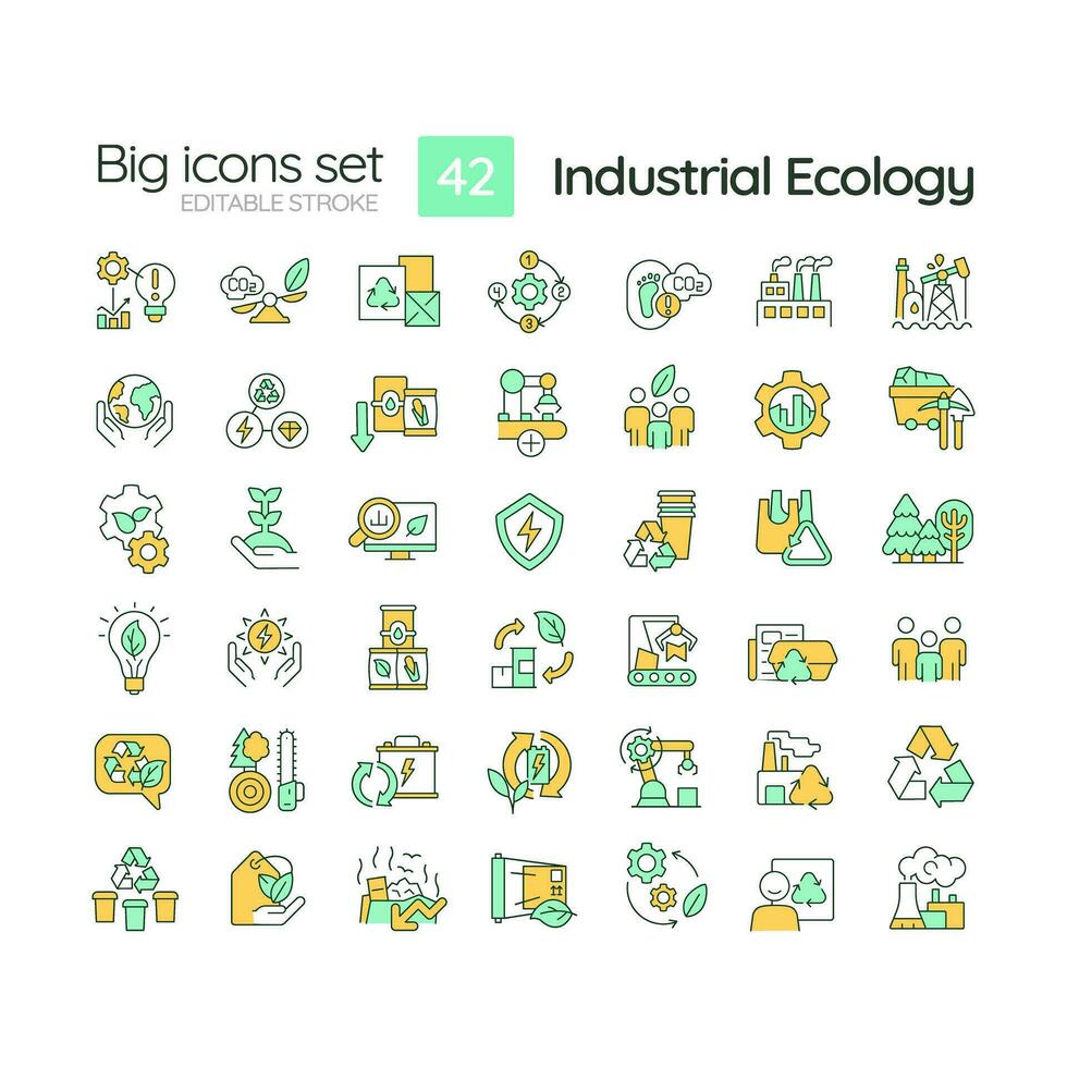 industrieel ecologie rgb kleur pictogrammen set. duurzame ontwikkeling. milieu bescherming. circulaire economie. geïsoleerd vector illustraties. gemakkelijk gevulde lijn tekeningen verzameling. bewerkbare beroerte