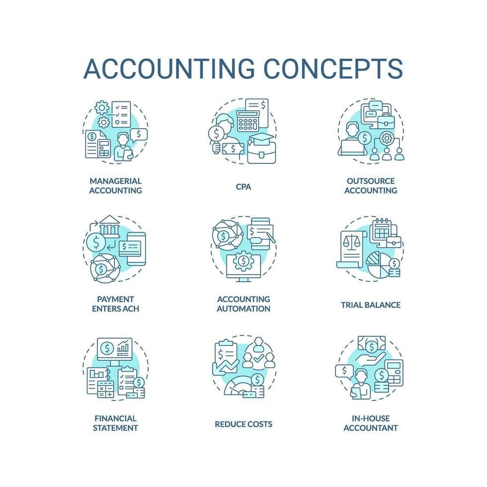 accounting turkoois concept pictogrammen set. financieel uitspraak. bedrijf prestatie idee dun lijn kleur illustraties. geïsoleerd symbolen. bewerkbare beroerte vector
