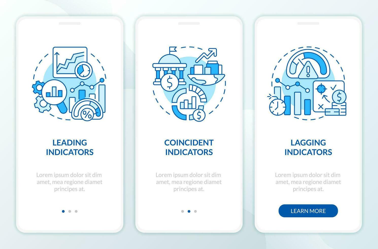 economisch indicatoren types blauw onboarding mobiel app scherm. analytics walkthrough 3 stappen bewerkbare grafisch instructies met lineair concepten. ui, ux, gui sjabloon vector