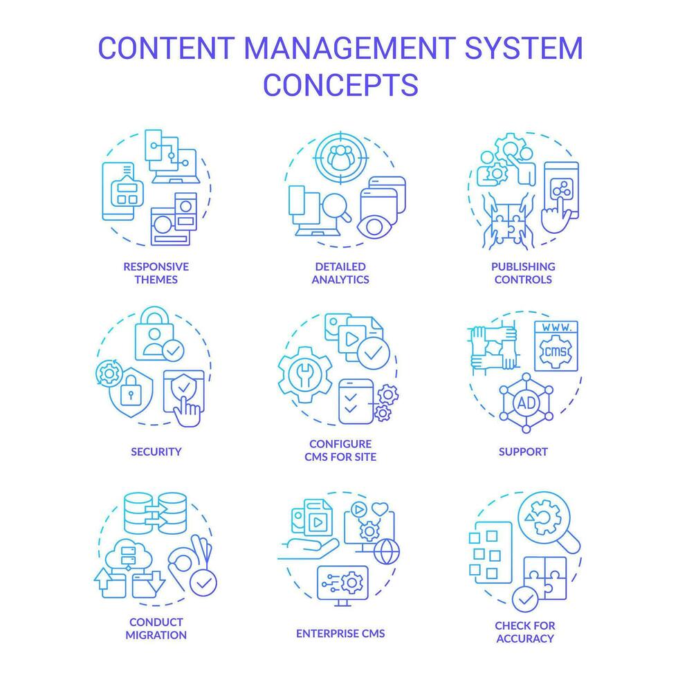 inhoud beheer systeem blauw helling concept pictogrammen set. plaats platform. gegevens migratie idee dun lijn kleur illustraties. geïsoleerd symbolen vector