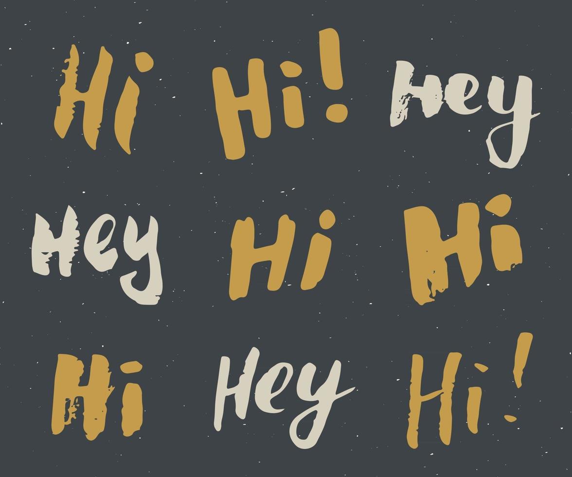 hey en hallo borden belettering set. handgetekende groetwoorden, grunge getextureerde retro badge, vintage label, typografie design print, vectorillustratie vector