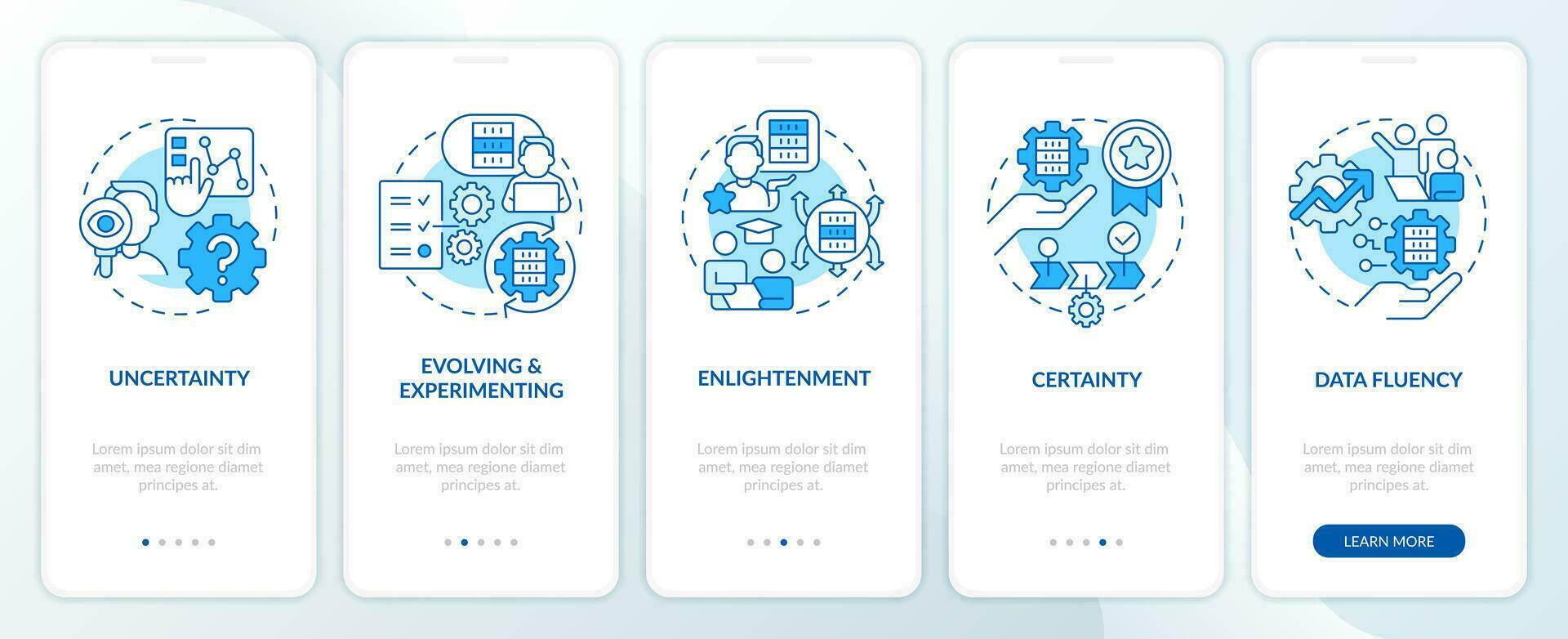 ict geletterdheid niveaus blauw onboarding mobiel app scherm. werk walkthrough 5 stappen bewerkbare grafisch instructies met lineair concepten. ui, ux, gui sjabloon vector