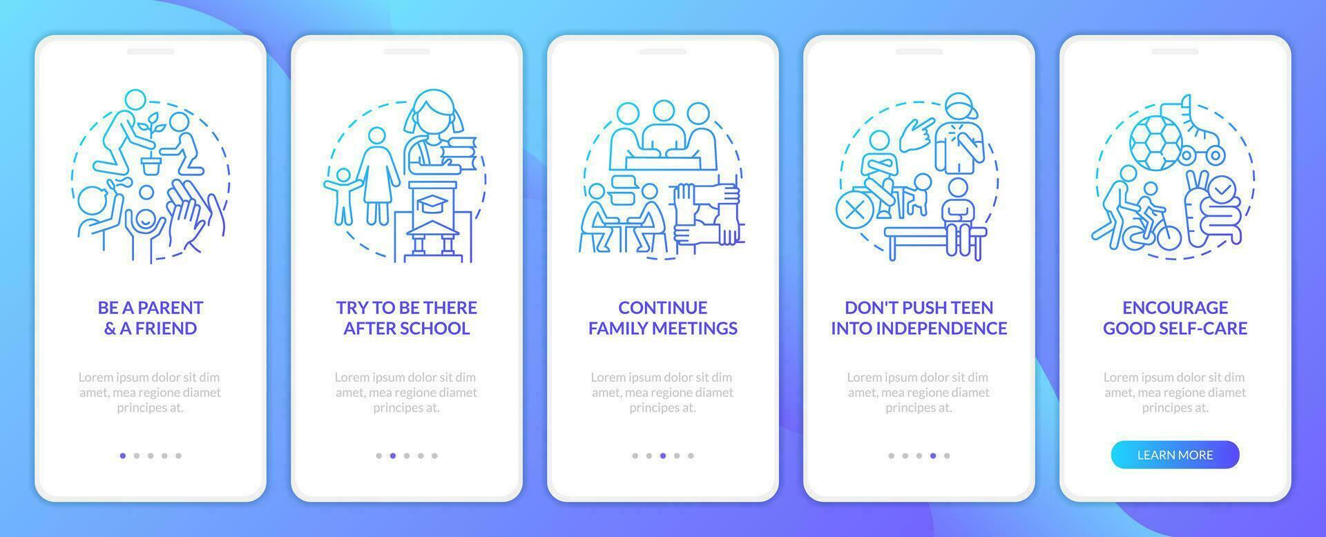 vredig tiener ouderschap tips blauw helling onboarding mobiel app scherm. familie walkthrough 5 stappen grafisch instructies met lineair concepten. ui, ux, gui sjabloon vector