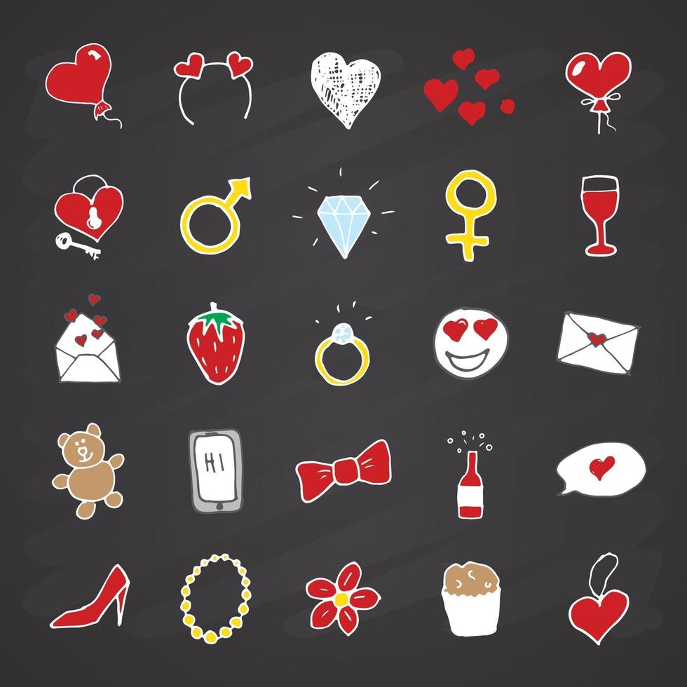 liefde en valentijn doodle pictogrammen, hand getrokken borden set, vector illustratie