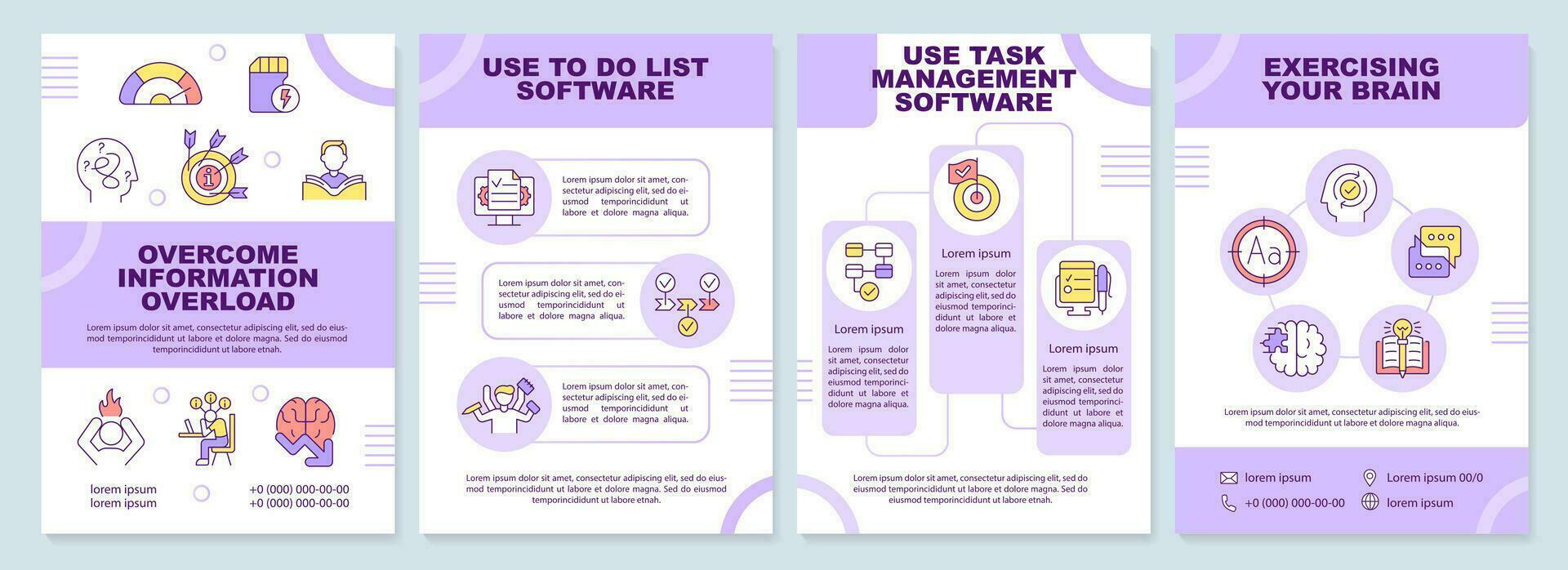 overwinnen informatie overbelasten Purper brochure sjabloon. brochure ontwerp met lineair pictogrammen. bewerkbare 4 vector indelingen voor presentatie, jaar- rapporten