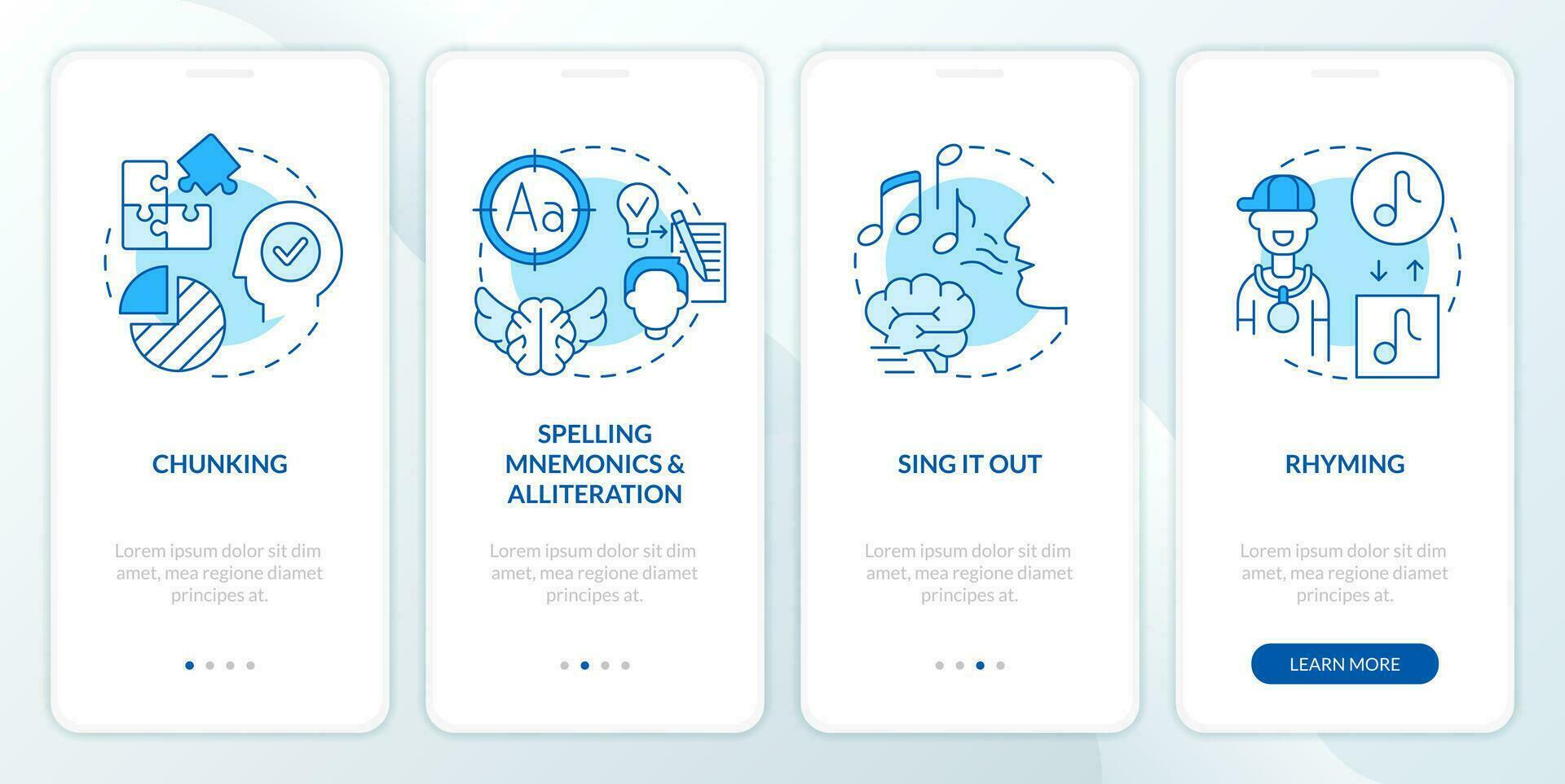 verbaal memoriseren trucs blauw onboarding mobiel app scherm. geheugen walkthrough 4 stappen bewerkbare grafisch instructies met lineair concepten. ui, ux, gui sjabloon vector