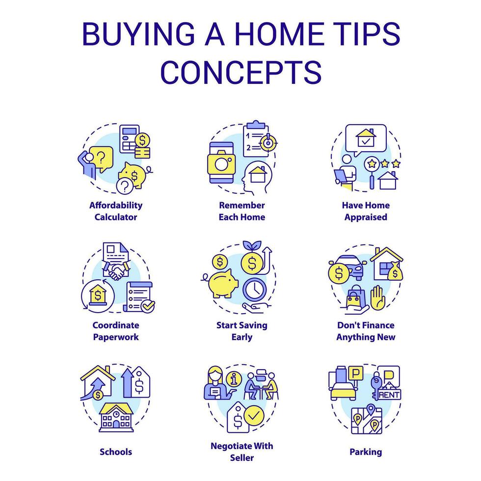 buying huis tips concept pictogrammen set. echt landgoed. eerste tijd huis koper aanbevelingen idee dun lijn kleur illustraties. geïsoleerd symbolen. bewerkbare beroerte vector