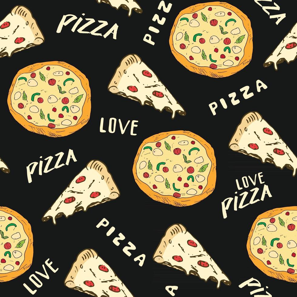 pizza naadloze patroon hand getrokken schets. hele pizza en plak doodles voedsel achtergrond. vector illustratie