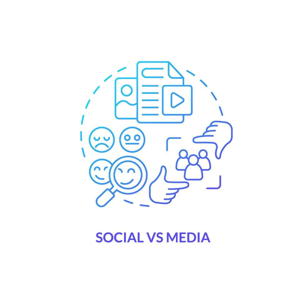 sociaal vs media blauw helling concept icoon. online inhoud. interpersoonlijk relatie. klein gemeenschap. sociaal netwerk abstract idee dun lijn illustratie. geïsoleerd schets tekening vector