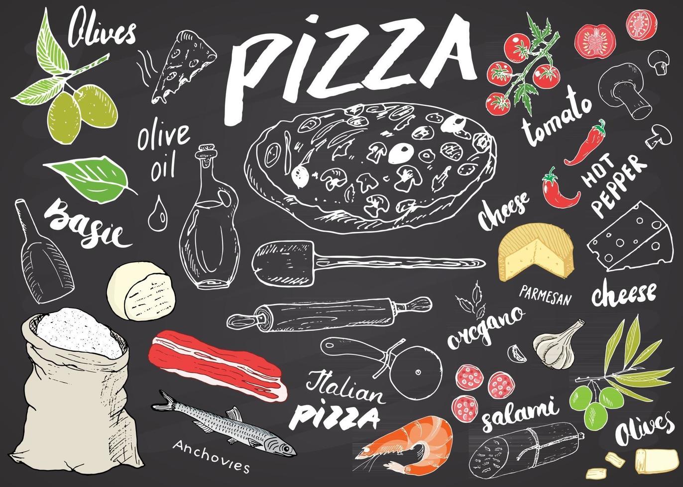 pizza hand getrokken schets menureeks. ontwerpsjabloon pizza voorbereiding met kaas, olijven, salami, champignons, tomaten, bloem en andere ingrediënten. vectorillustratie geïsoleerd op een witte achtergrond vector